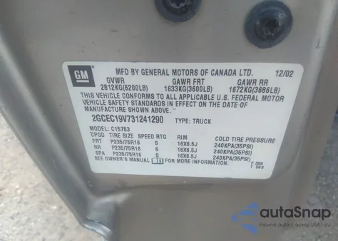 2003 Chevrolet Silverado 1500 Ls z USA, uszkodzony, nr VIN 2GCEC19V731241290